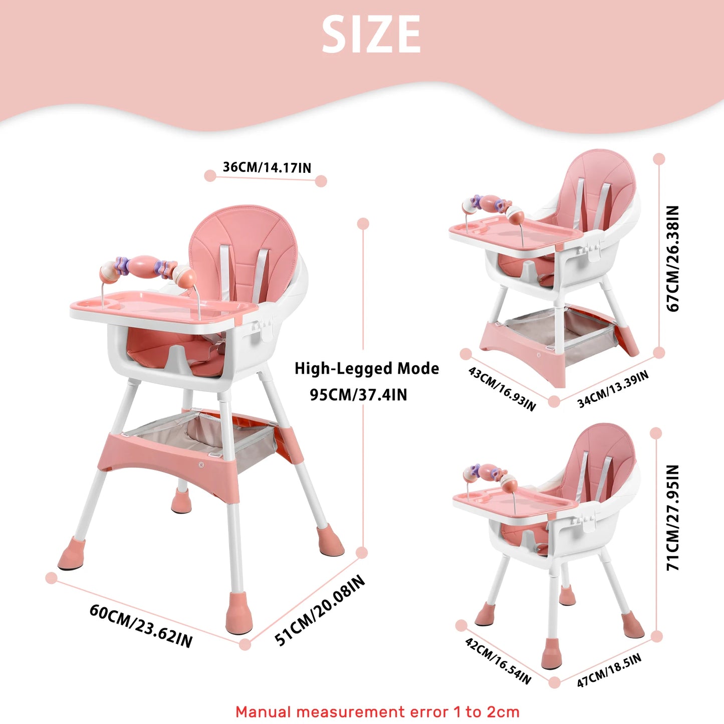 Baby High Chair Portable Baby Dining Chairs Eat & Play Convertible High Chair with Double-Layer Dinner Plate and Toy