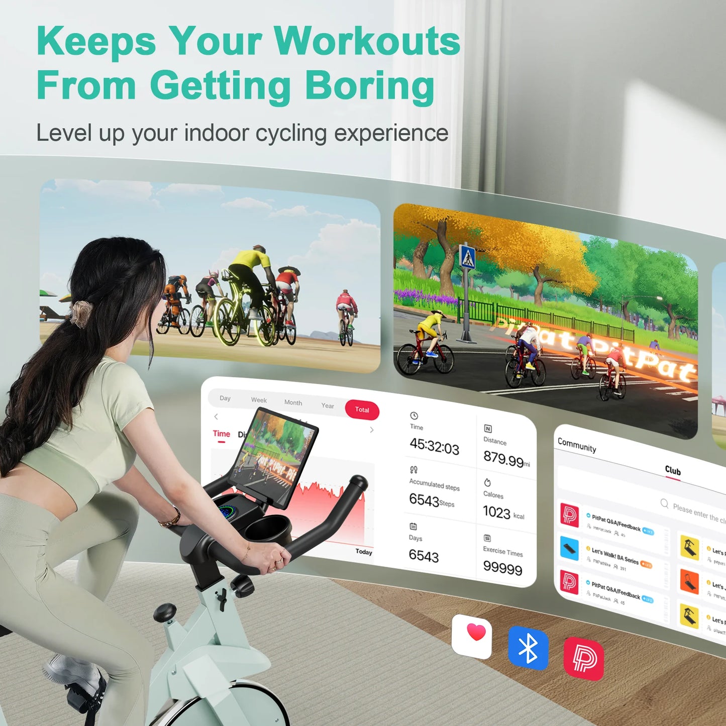 SuperUN Exercise Bike - 32-Level Magnetic Resistance Home Gym Bike with LCD Monitor & App Connectivity - 300lbs Capacity