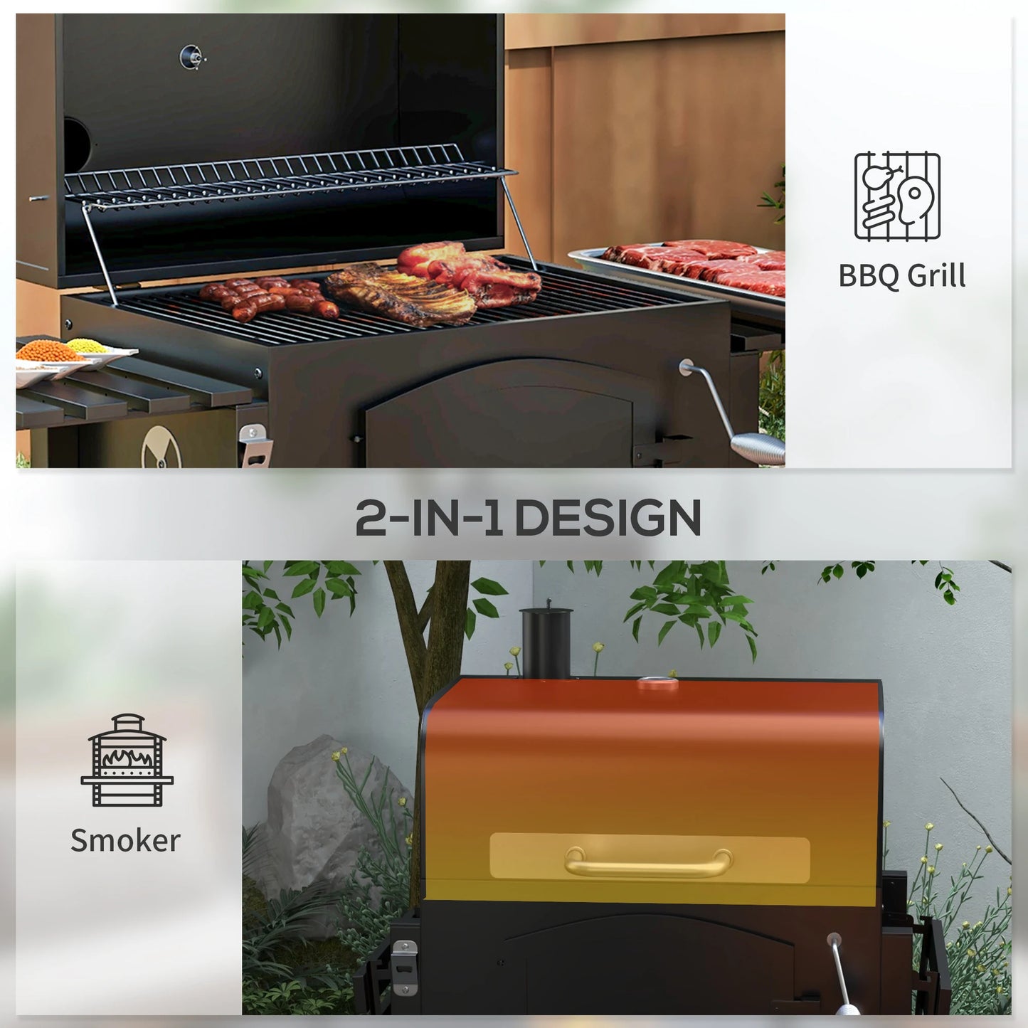 Outsunny Charcoal Grill BBQ Trolley with Adjustable Charcoal Tray Thermometer & Folding Shelves | Smoker & Outdoor