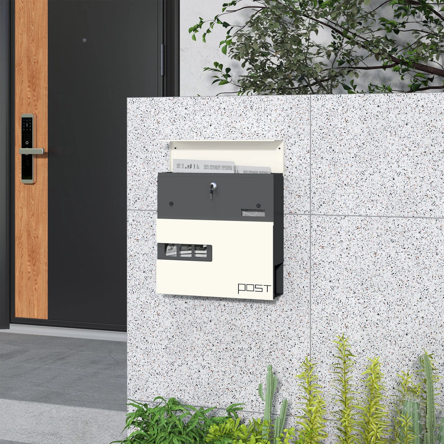 HOMCOM Wall Mounted Post Box - Modern Weatherproof Letterbox with Lock & Keys - Stainless Steel Design for UK Homes
