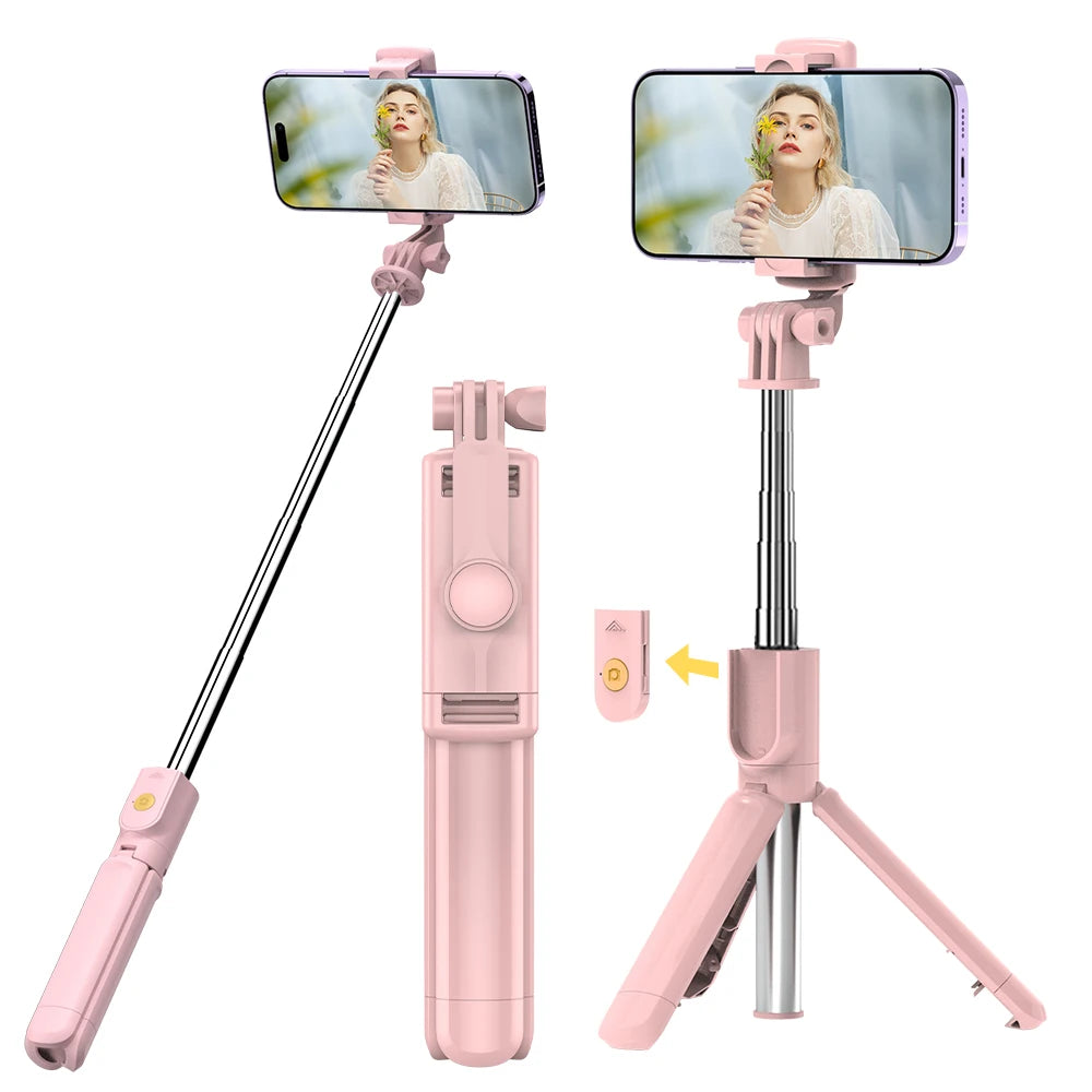 Wireless Selfie Stick Tripod Stand with Detachable Remote for iPhone Mobile Phone Tiktok Live Streaming - Pink