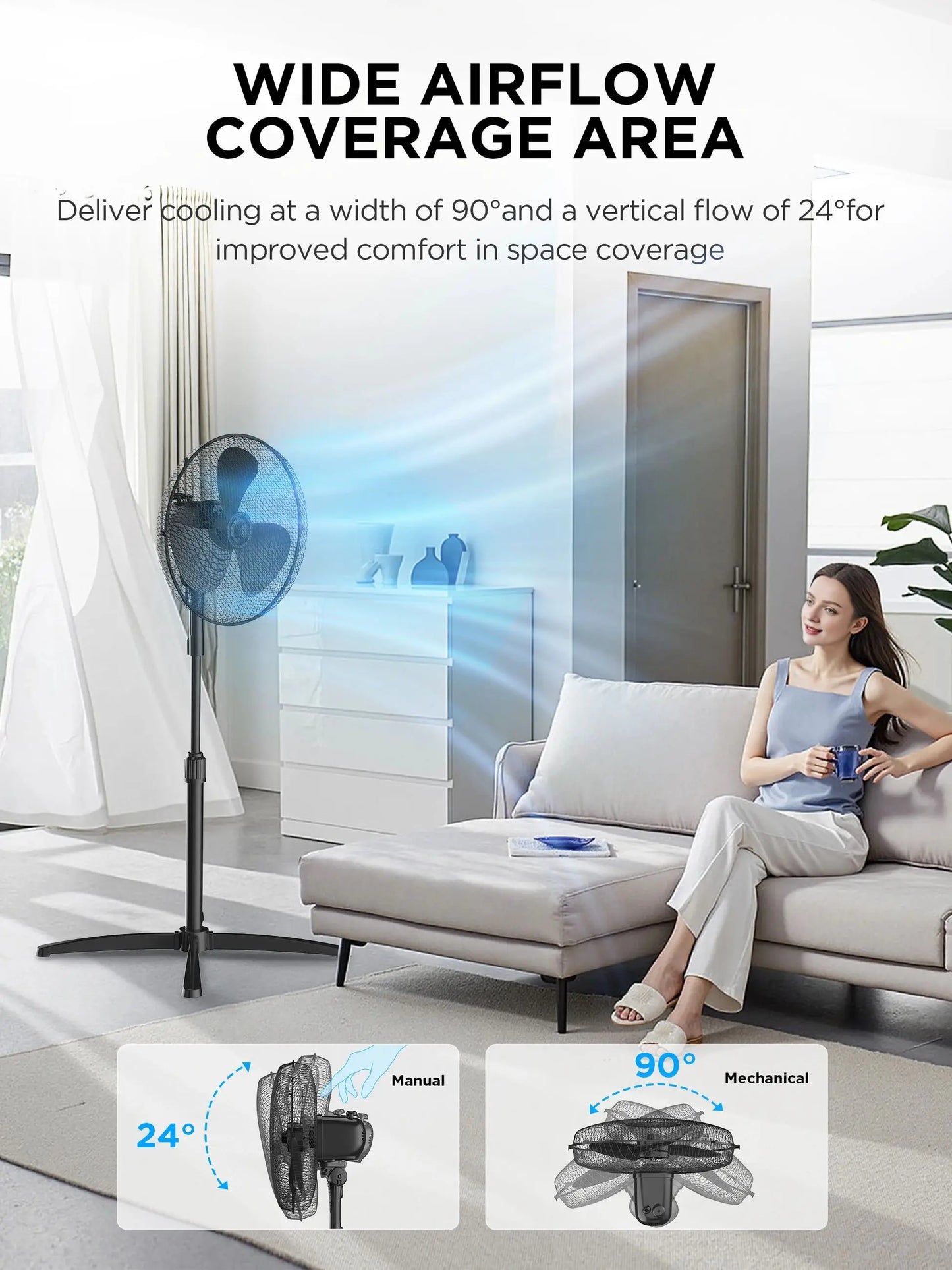 Midea 40W Pedestal Fan by COMFEE – Quiet Oscillating Standing Fan with 3 Speed Settings, Adjustable Height & Powerful Airflow – Home & Office Cooling Solution