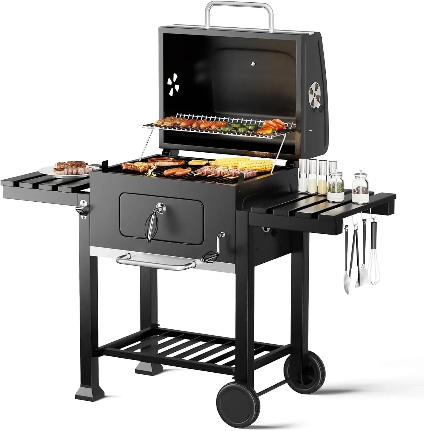 Portable Charcoal Grill with Wheels & Folding Table | Built-in Thermometer Adjustable Charcoal Tray BBQ Smoker