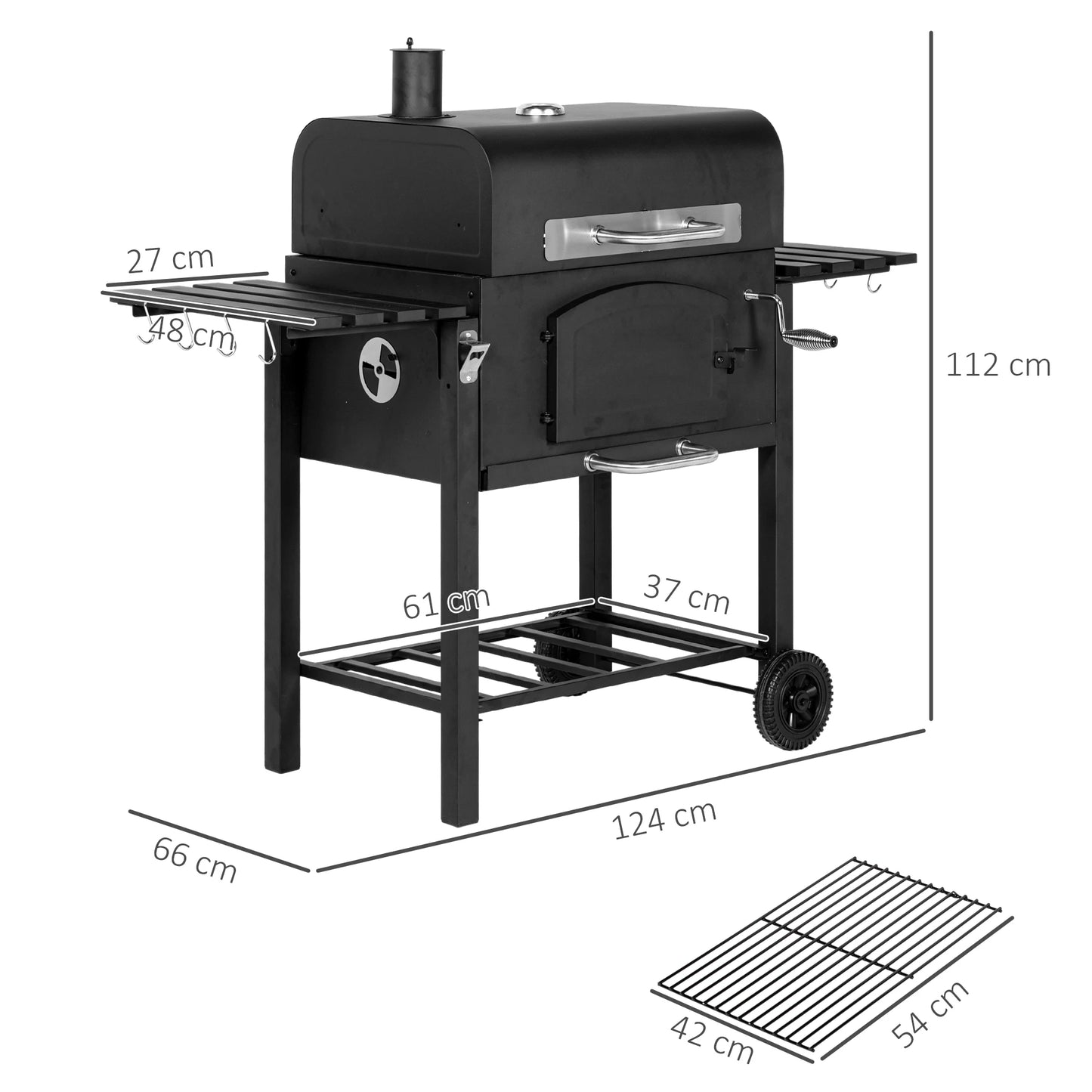 Outsunny Charcoal Grill BBQ Trolley with Adjustable Charcoal Tray Thermometer & Folding Shelves | Smoker & Outdoor