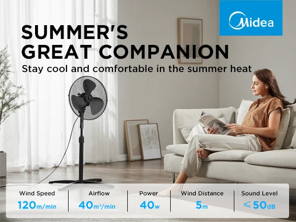 Midea 40W Pedestal Fan by COMFEE – Quiet Oscillating Standing Fan with 3 Speed Settings, Adjustable Height & Powerful Airflow – Home & Office Cooling Solution