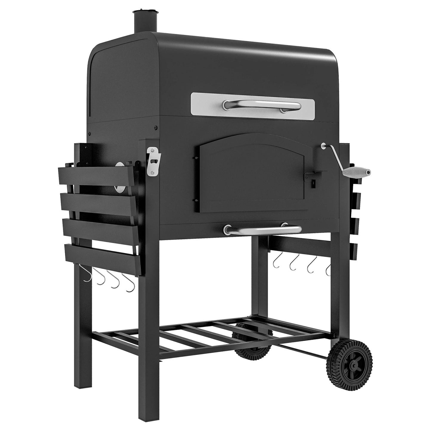Outsunny Charcoal Grill BBQ Trolley with Adjustable Charcoal Tray Thermometer & Folding Shelves | Smoker & Outdoor
