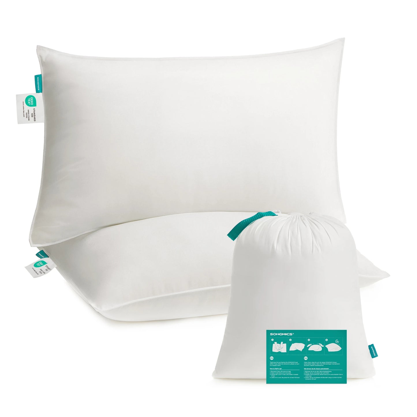 SONGMICS Bed Pillows 74 x 48 cm – 800g Filling – Soft Brushed Polyester – Machine Washable at 60°C – Includes Storage