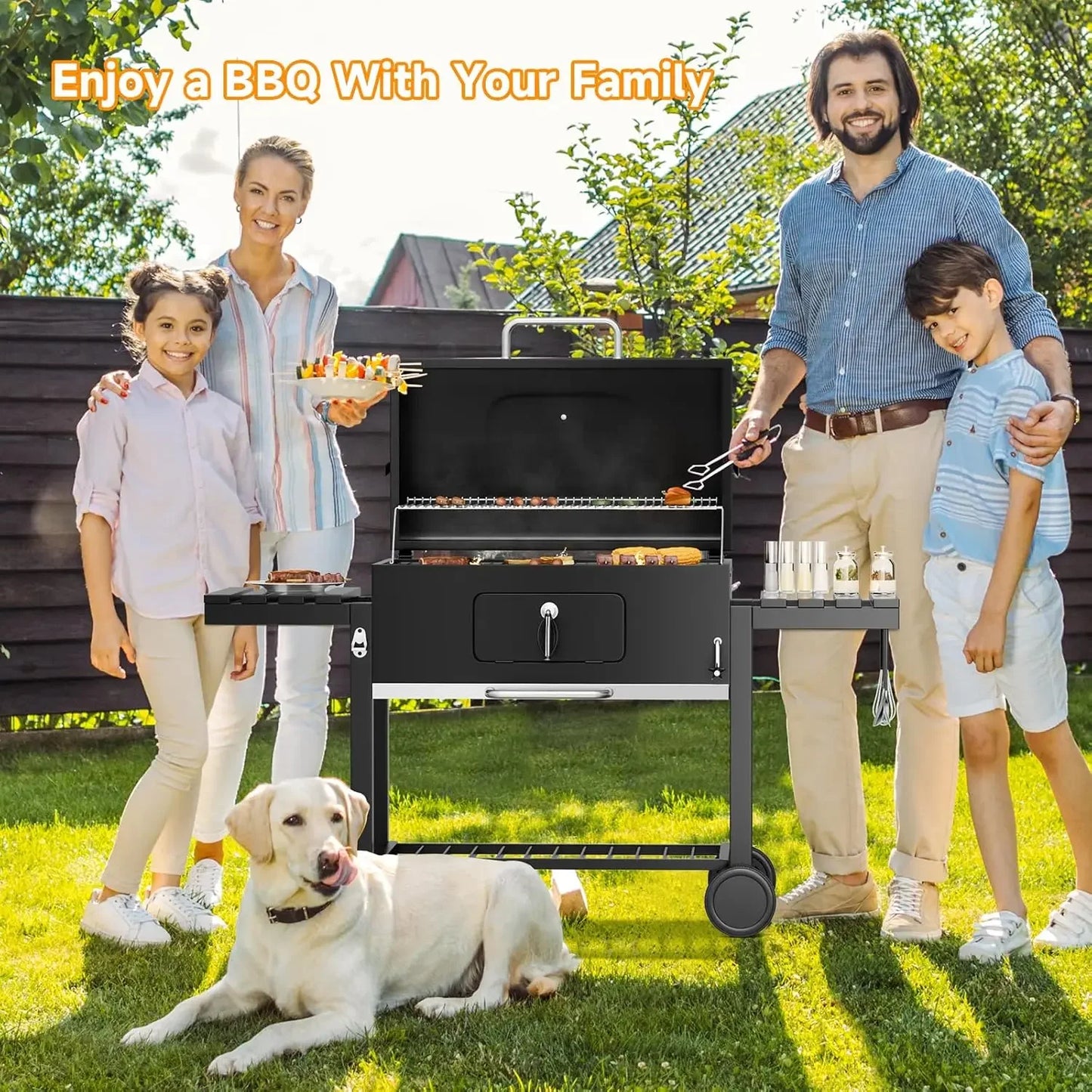 Portable Charcoal Grill with Wheels & Folding Table | Built-in Thermometer Adjustable Charcoal Tray BBQ Smoker