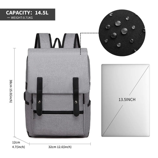 Vintage Water‑Resistant Backpack – 13.5" Laptop College Bag with USB Port for Work, School & Travel | UK
