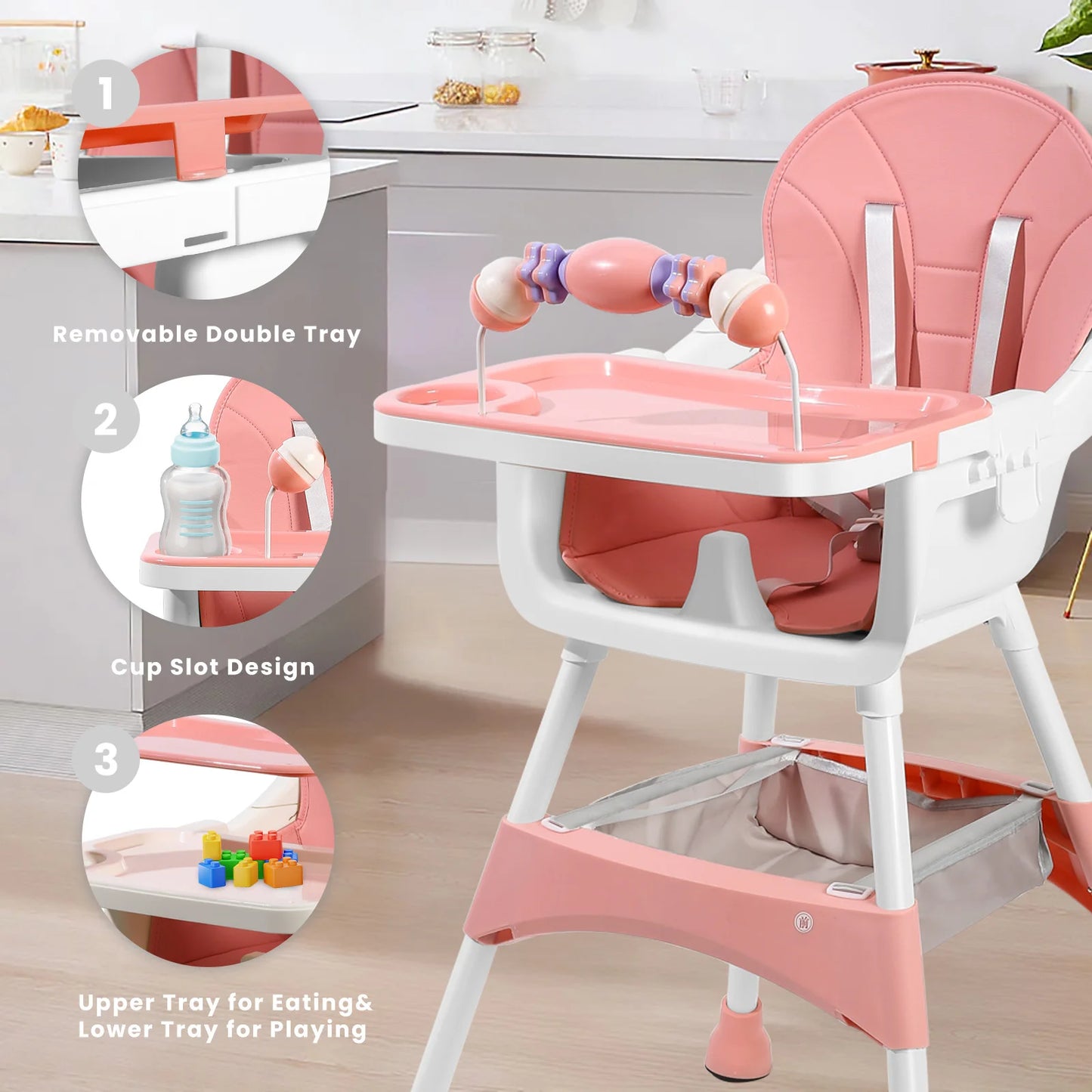 Baby High Chair Portable Baby Dining Chairs Eat & Play Convertible High Chair with Double-Layer Dinner Plate and Toy