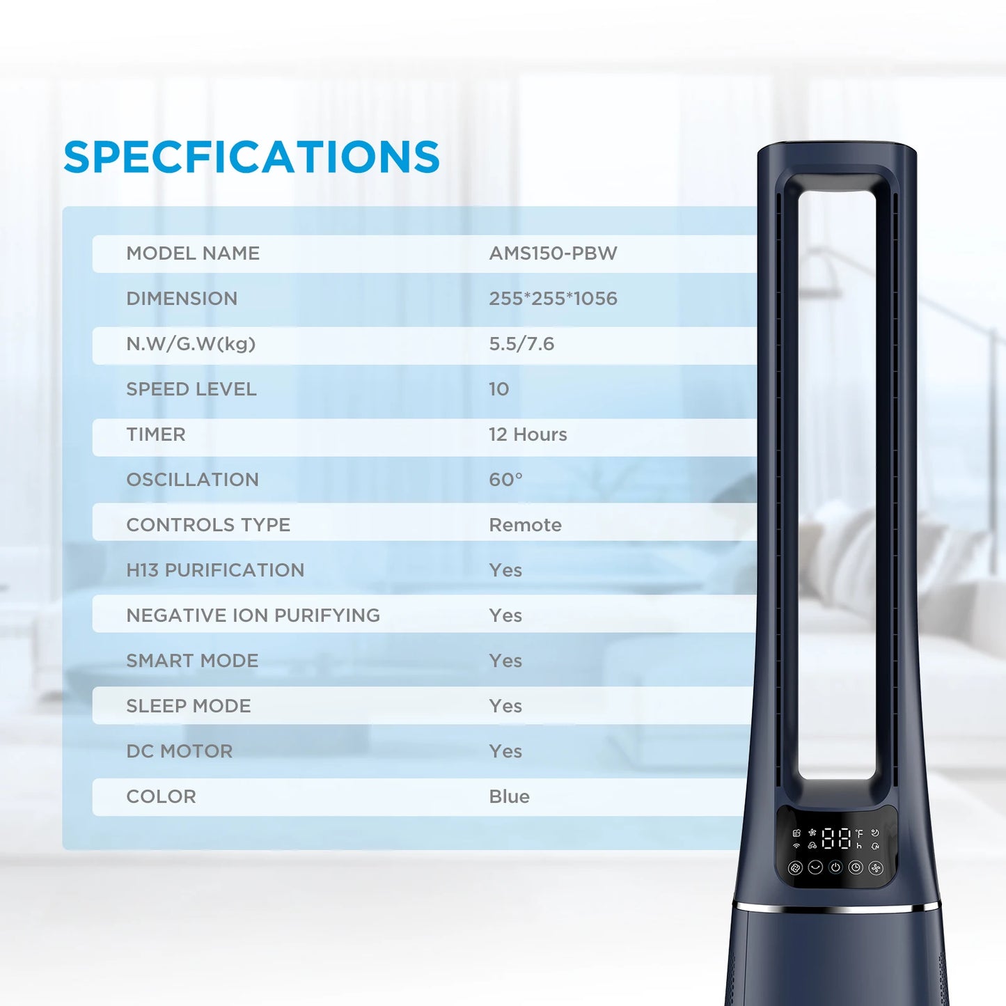 Midea 2-in-1 Bladeless Tower Fan with DC Motor – Ultra Quiet 10 Speeds LED Display App Control & Remote | COMFEE Smart