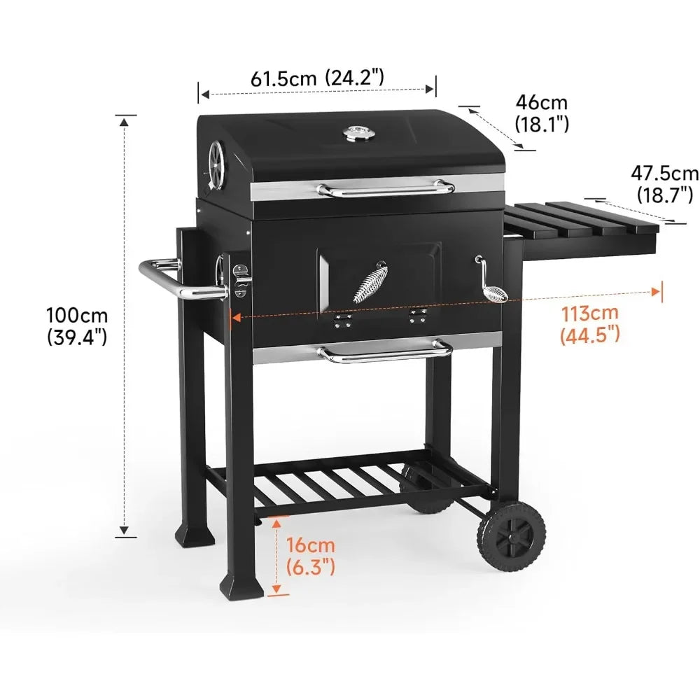 Portable Charcoal Grill with Wheels & Folding Table | Built-in Thermometer Adjustable Charcoal Tray BBQ Smoker