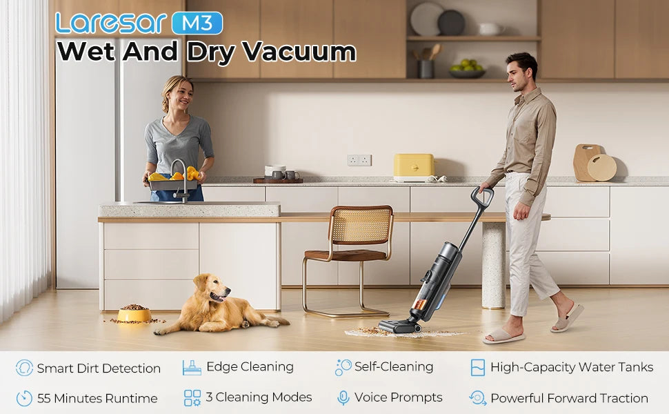 Laresar M3 Cordless Wet Dry Vacuum Cleaner Mop Edge Cleaning 55min Auto Suction Floor Washer Self-Cleaning Smart Home
