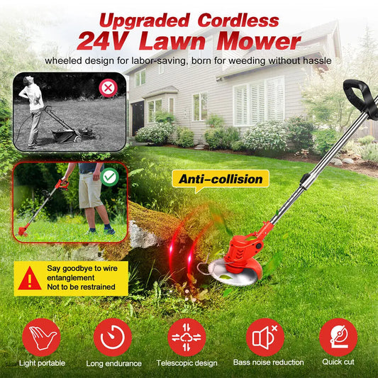 3-in-1 Cordless Grass Trimmer & Strimmer | 800W, 2×24V 6000mAh Batteries, Wheels, 90° Swivel, 3 Blades, UK Plug