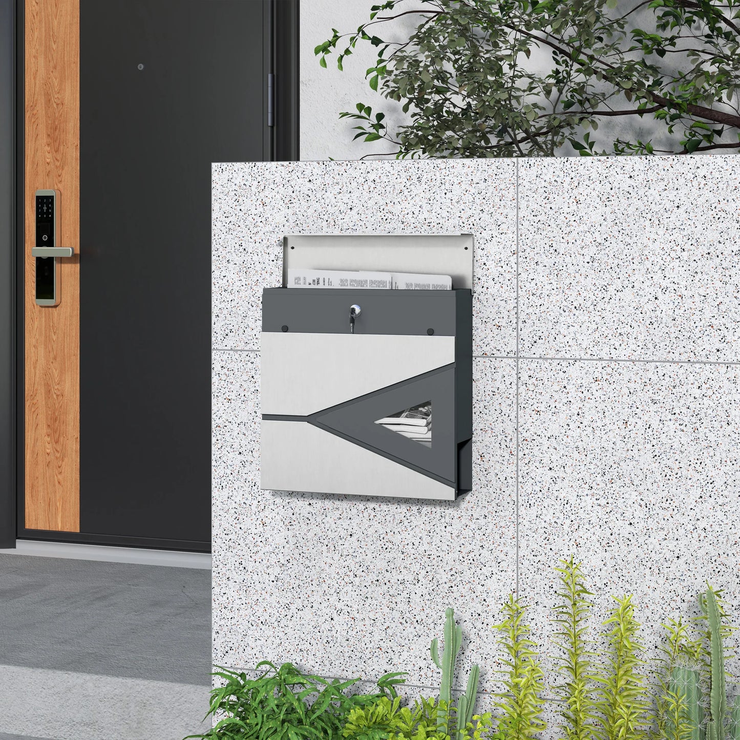 HOMCOM Wall Mounted Post Box - Modern Weatherproof Letterbox with Lock & Keys - Stainless Steel Design for UK Homes