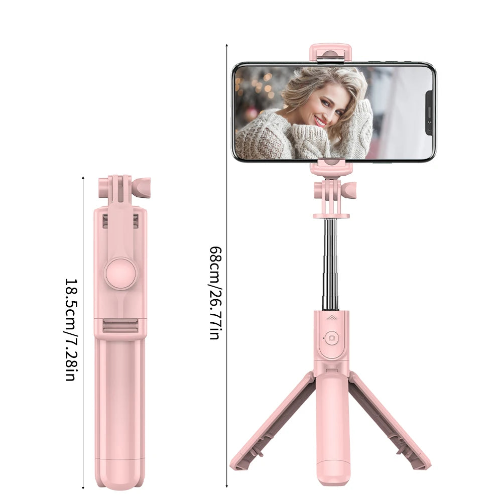 Wireless Selfie Stick Tripod Stand with Detachable Remote for iPhone Mobile Phone Tiktok Live Streaming - Pink