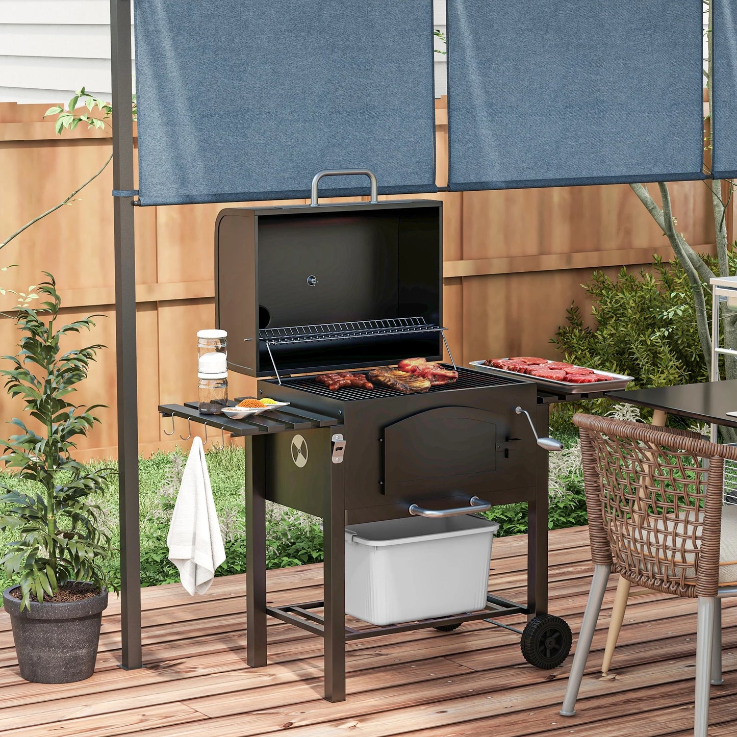 Outsunny Charcoal Grill BBQ Trolley with Adjustable Charcoal Tray Thermometer & Folding Shelves | Smoker & Outdoor