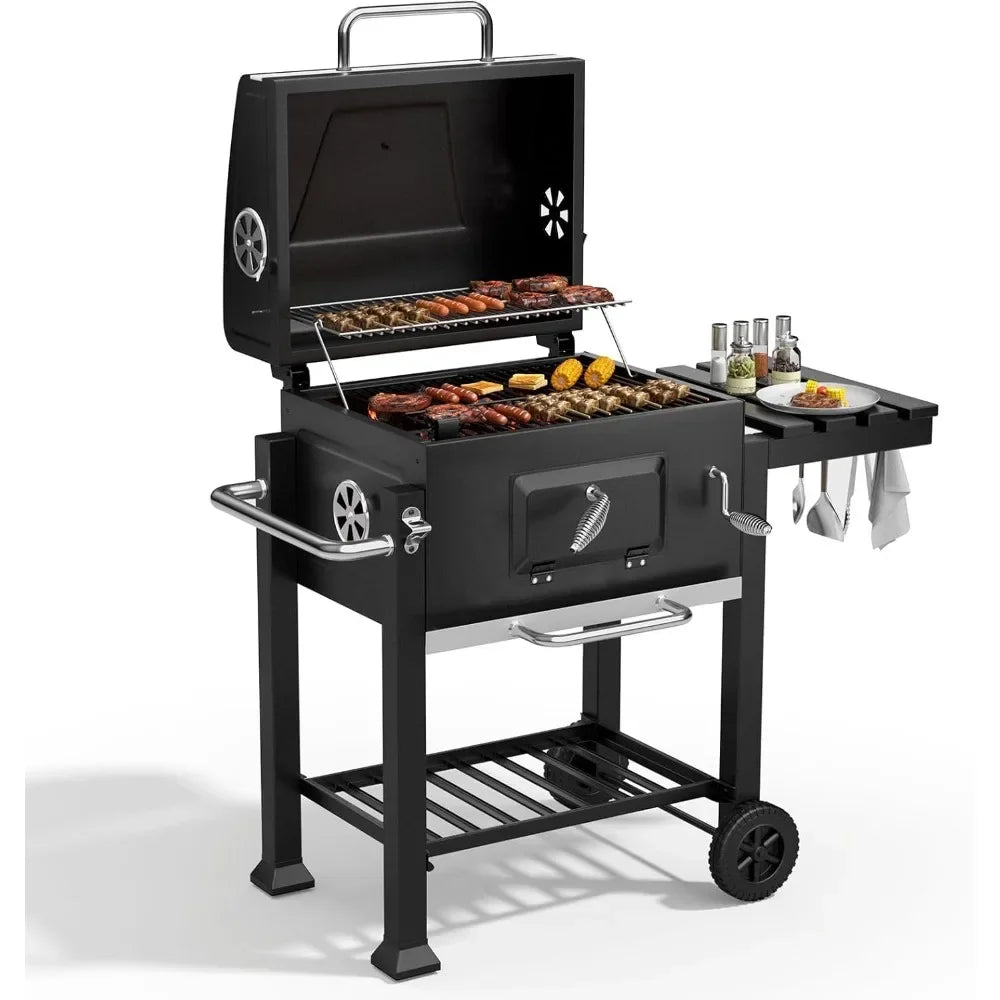 Portable Charcoal Grill with Wheels & Folding Table | Built-in Thermometer Adjustable Charcoal Tray BBQ Smoker