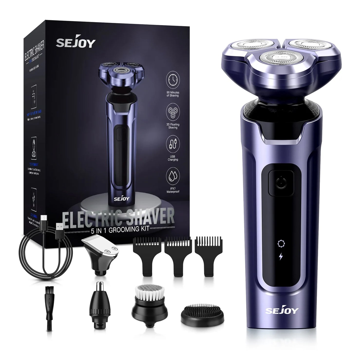 SEJOY 3 In 1 Multifunction Mens Electric Shaver Powerful Beard Nose Hair Trimmer Shaving Machine Electric Razor Waterproof