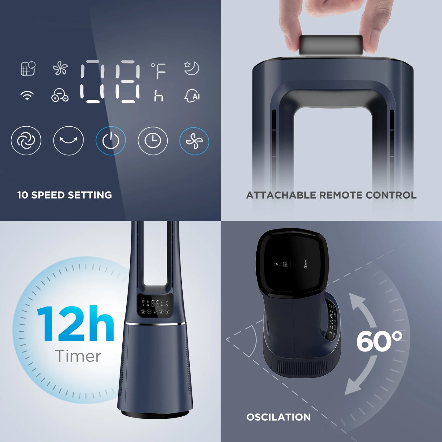 Midea 2-in-1 Bladeless Tower Fan with DC Motor – Ultra Quiet 10 Speeds LED Display App Control & Remote | COMFEE Smart