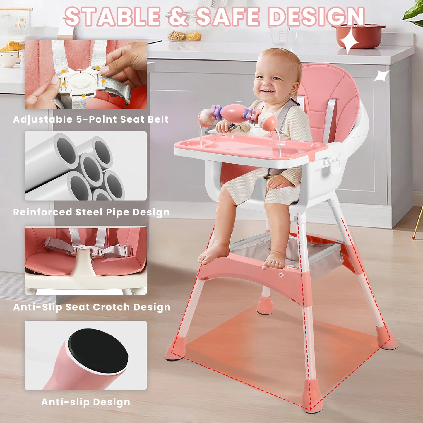 Baby High Chair Portable Baby Dining Chairs Eat & Play Convertible High Chair with Double-Layer Dinner Plate and Toy