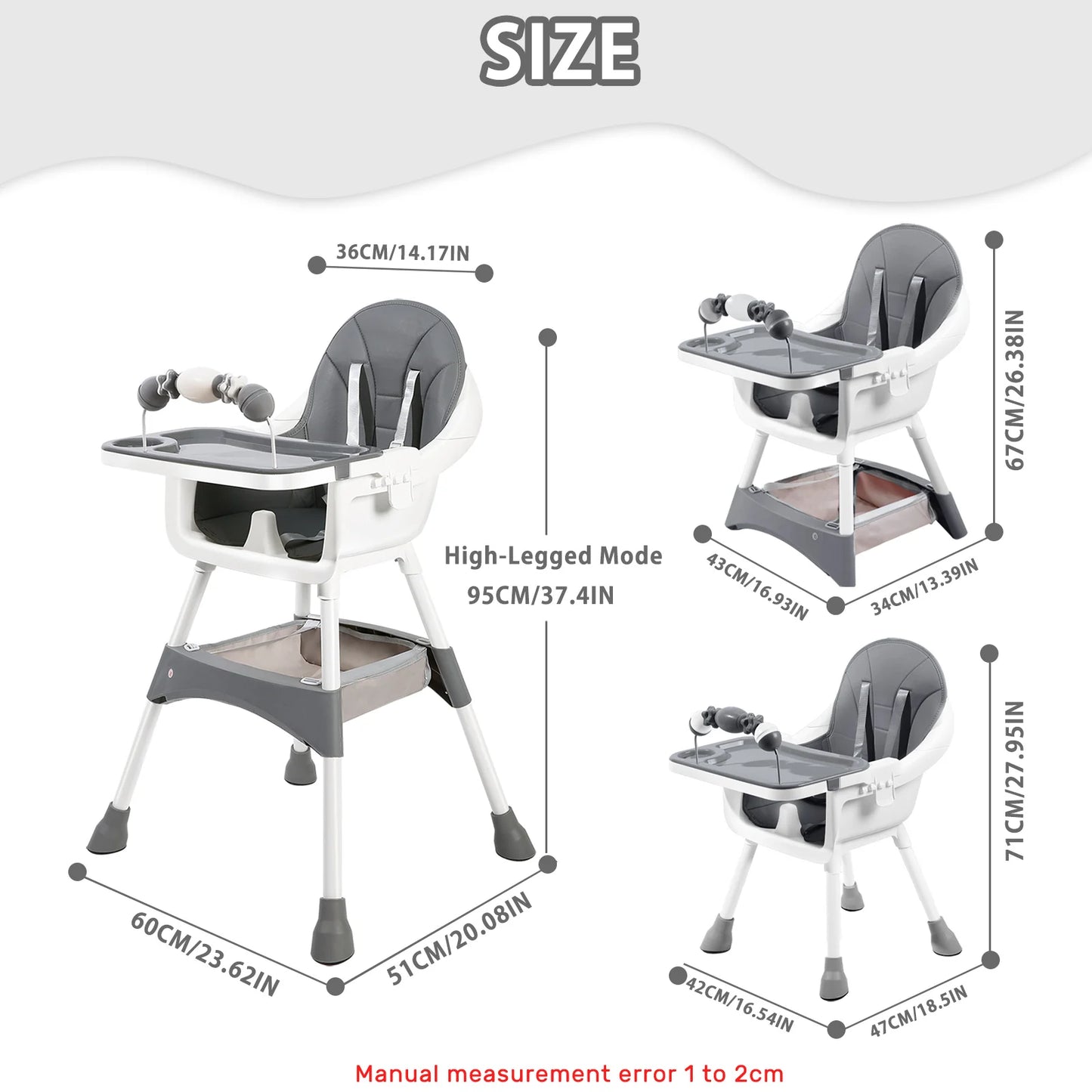 Baby High Chair Portable Baby Dining Chairs Eat & Play Convertible High Chair with Double-Layer Dinner Plate and Toy