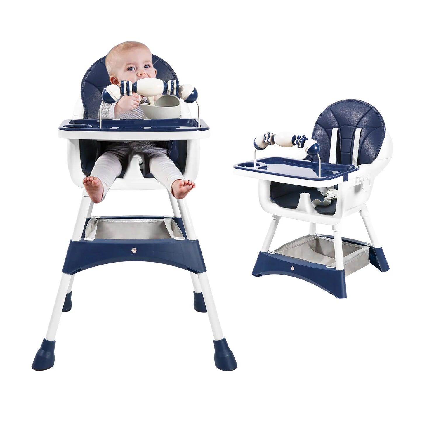 Baby High Chair Portable Baby Dining Chairs Eat & Play Convertible High Chair with Double-Layer Dinner Plate and Toy