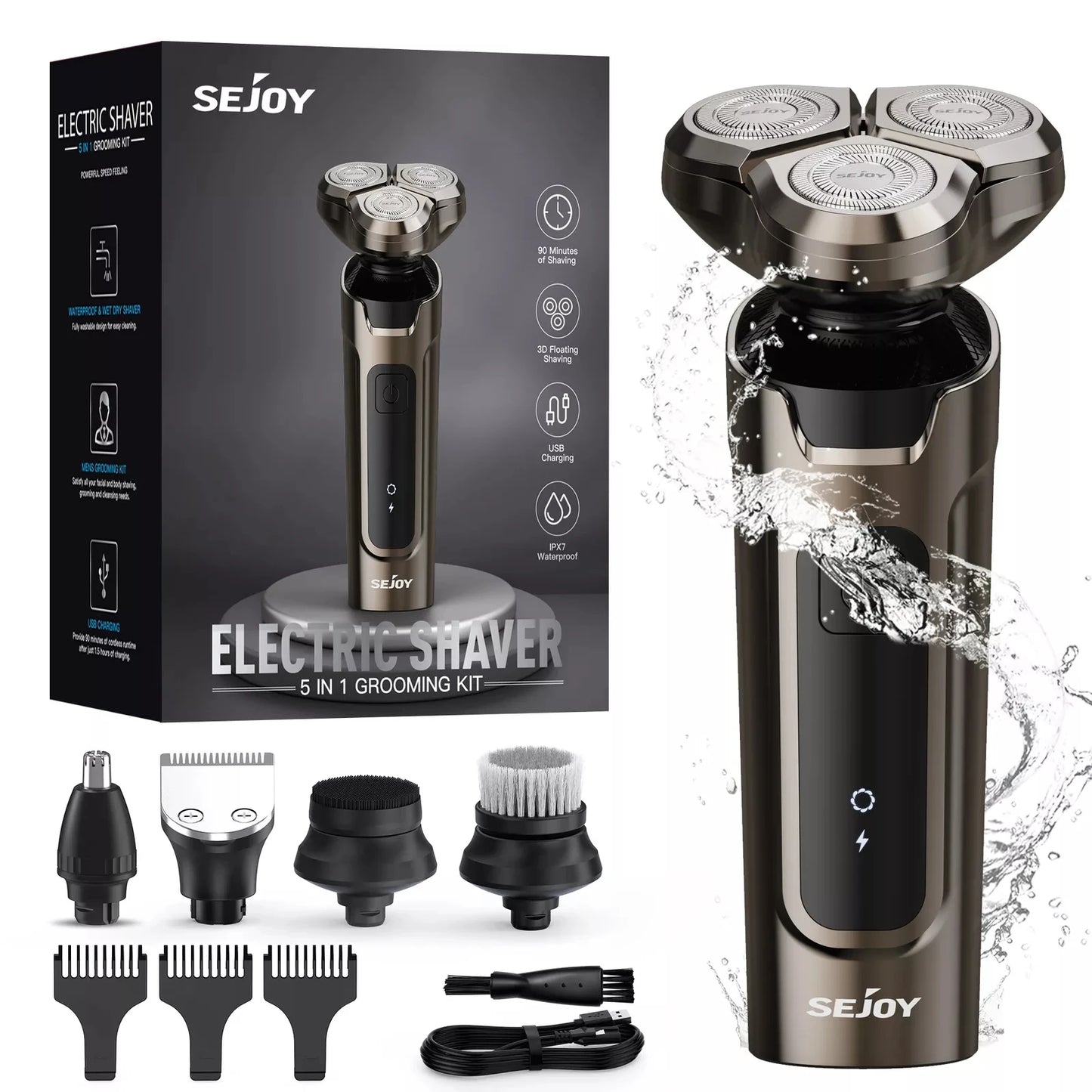 SEJOY 3 In 1 Multifunction Mens Electric Shaver Powerful Beard Nose Hair Trimmer Shaving Machine Electric Razor Waterproof