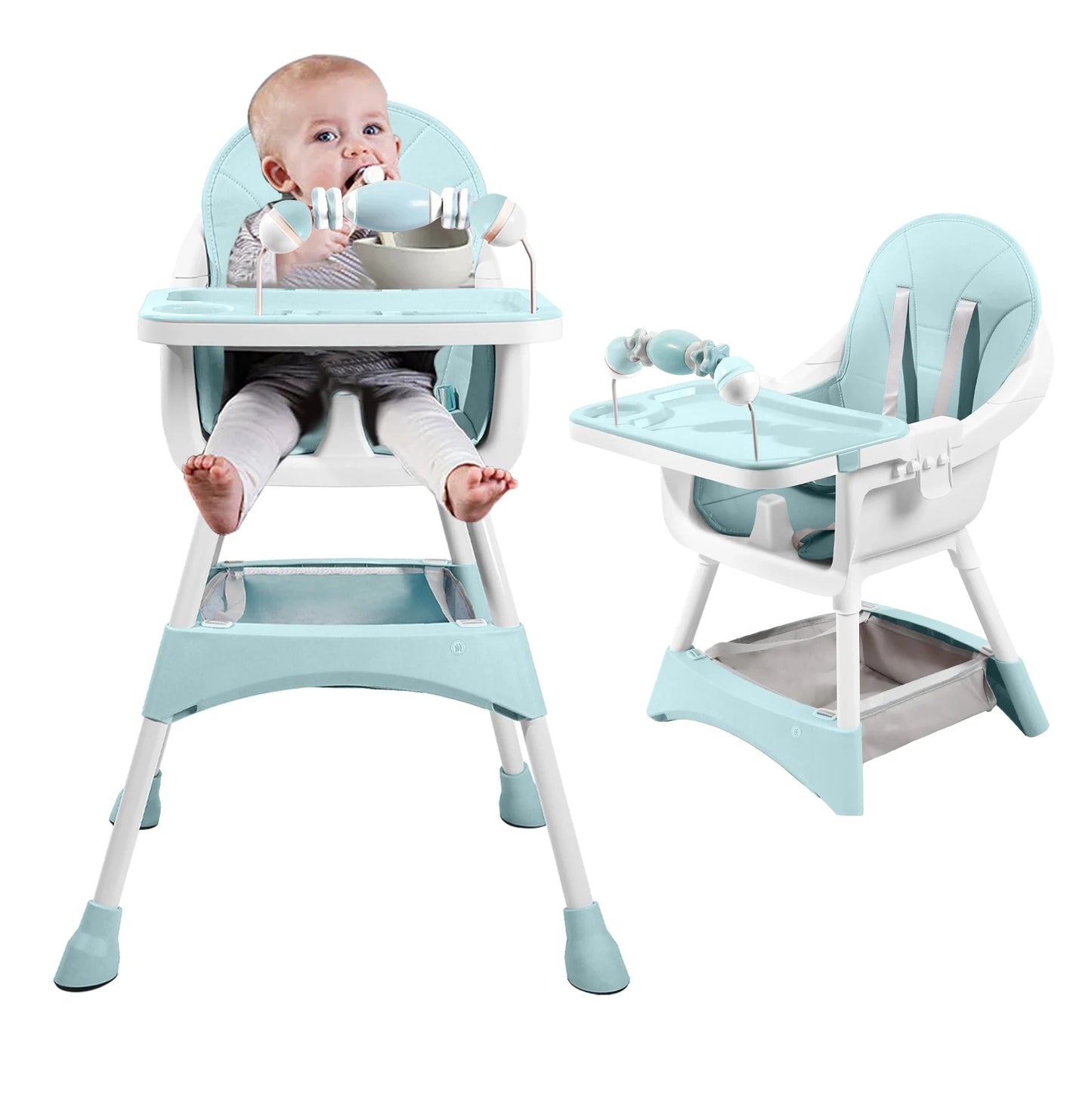 Baby High Chair Portable Baby Dining Chairs Eat & Play Convertible High Chair with Double-Layer Dinner Plate and Toy