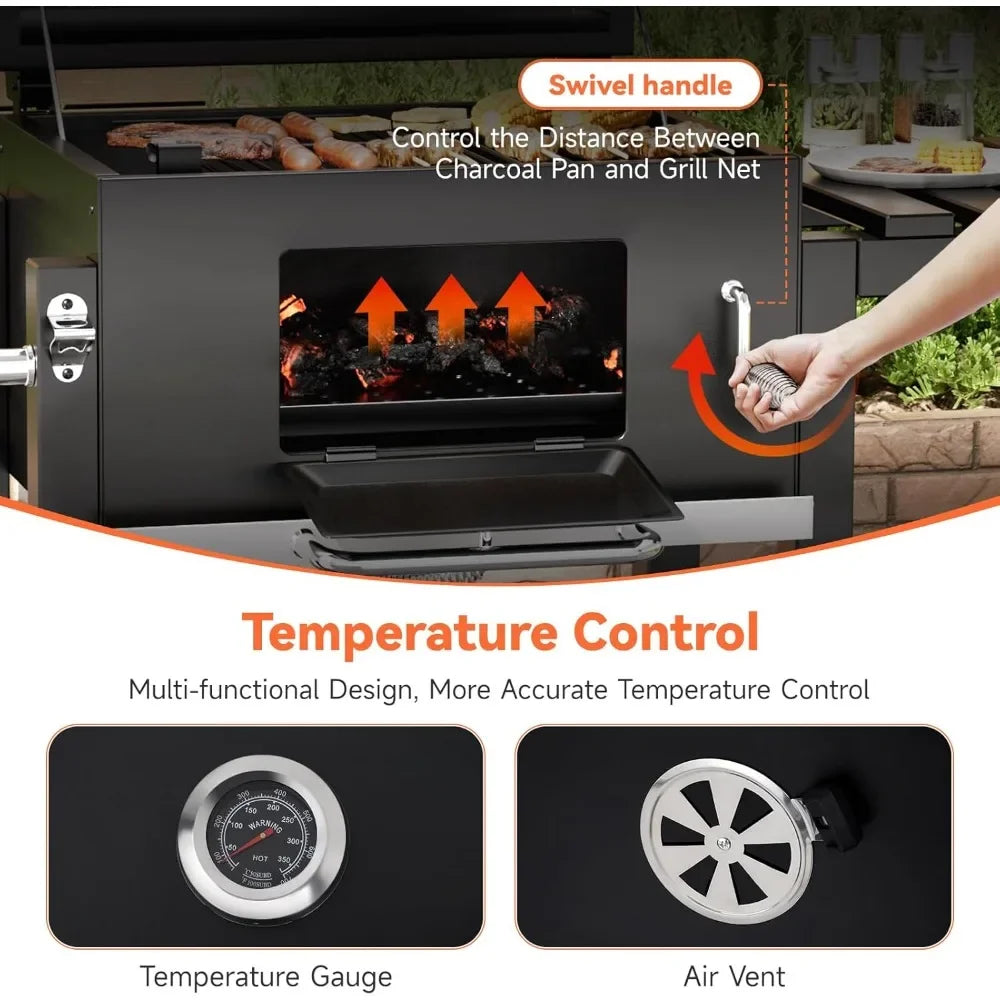 Portable Charcoal Grill with Wheels & Folding Table | Built-in Thermometer Adjustable Charcoal Tray BBQ Smoker