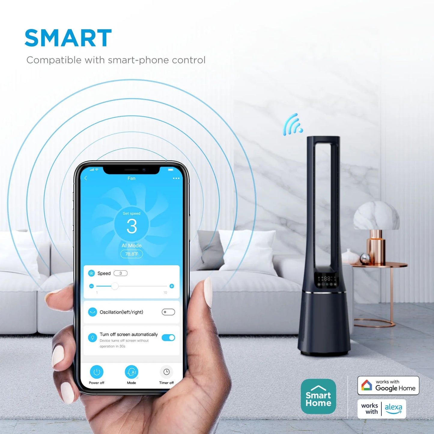 Midea 2-in-1 Bladeless Tower Fan with DC Motor – Ultra Quiet 10 Speeds LED Display App Control & Remote | COMFEE Smart
