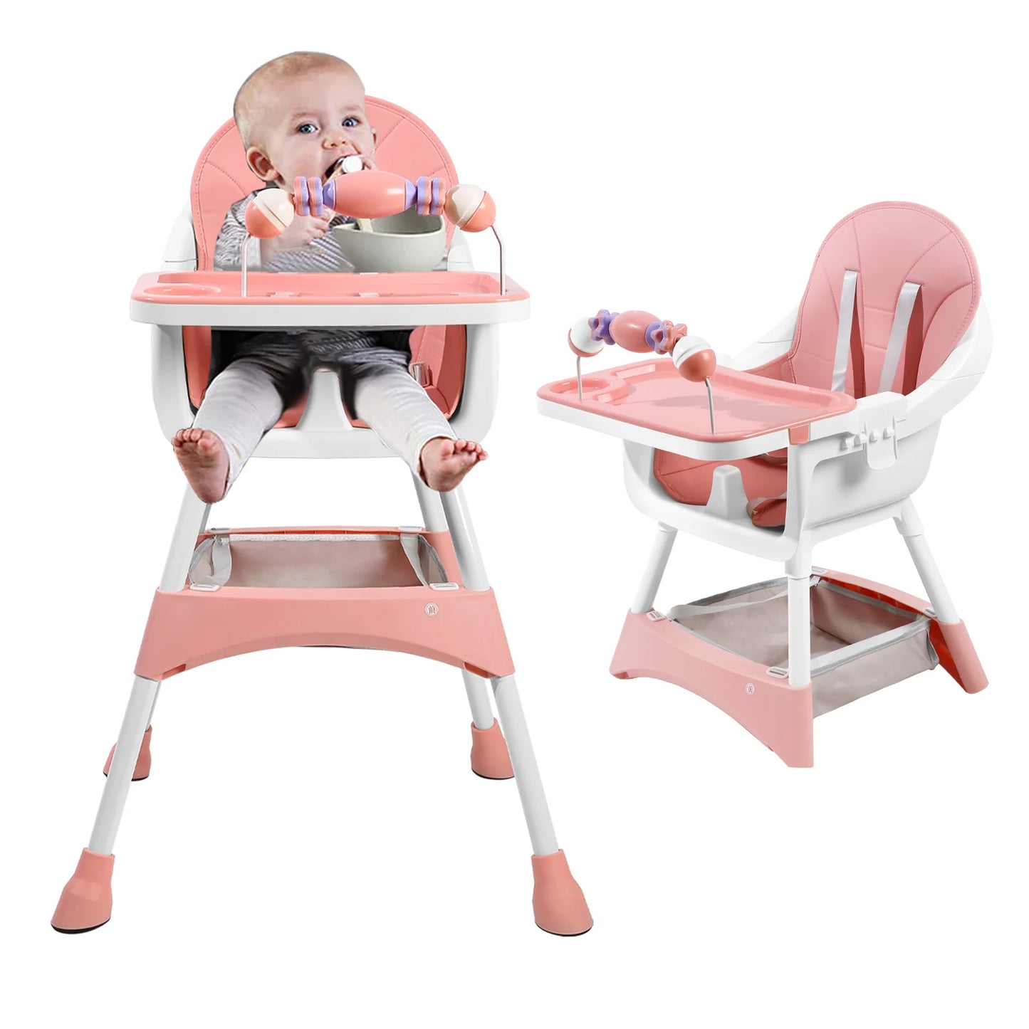 Baby High Chair Portable Baby Dining Chairs Eat & Play Convertible High Chair with Double-Layer Dinner Plate and Toy