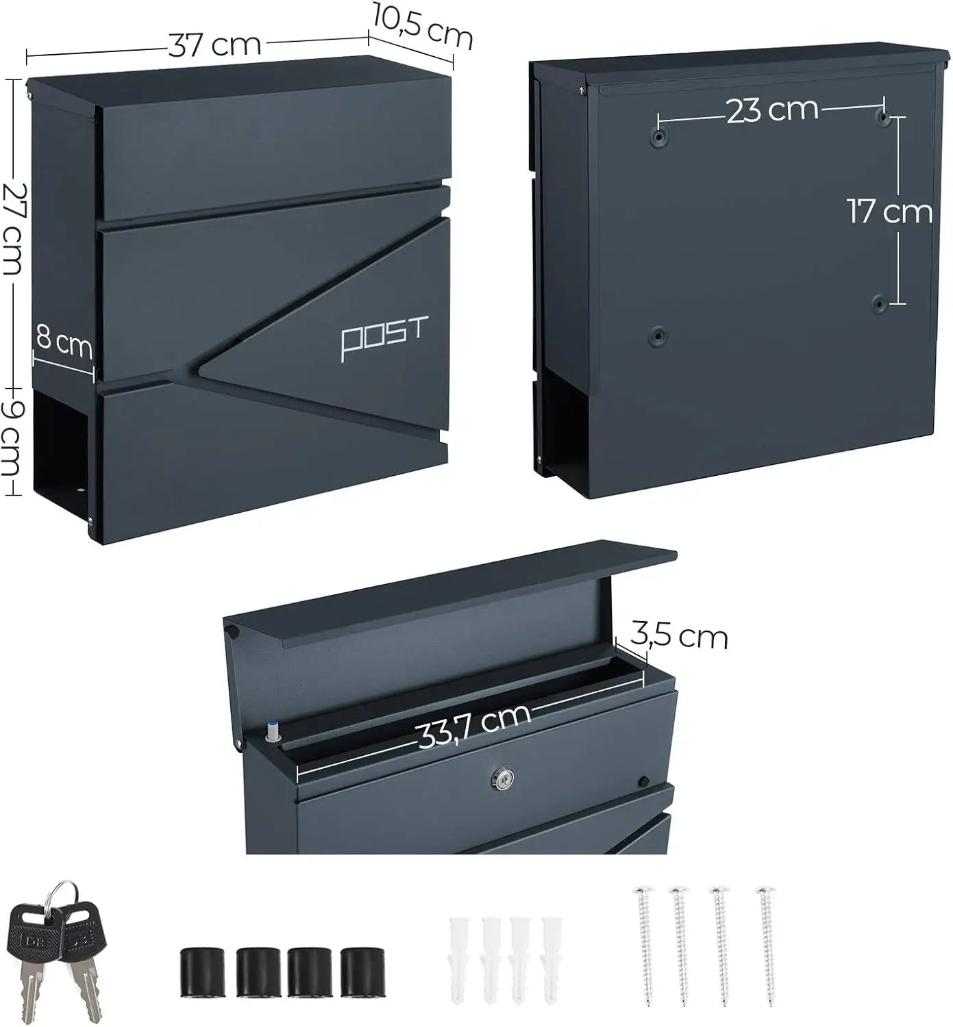 SONGMICS Wall Mounted Post Box - Modern Letterbox with Newspaper Holder & Lock - Metal Construction for UK Homes