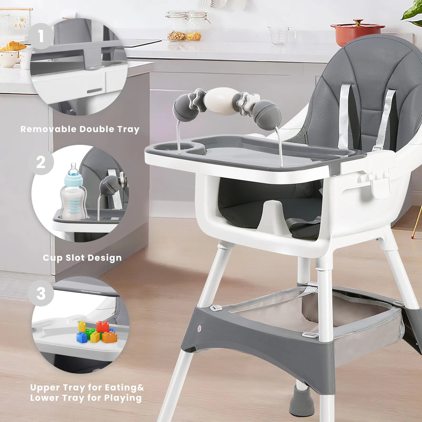Baby High Chair Portable Baby Dining Chairs Eat & Play Convertible High Chair with Double-Layer Dinner Plate and Toy