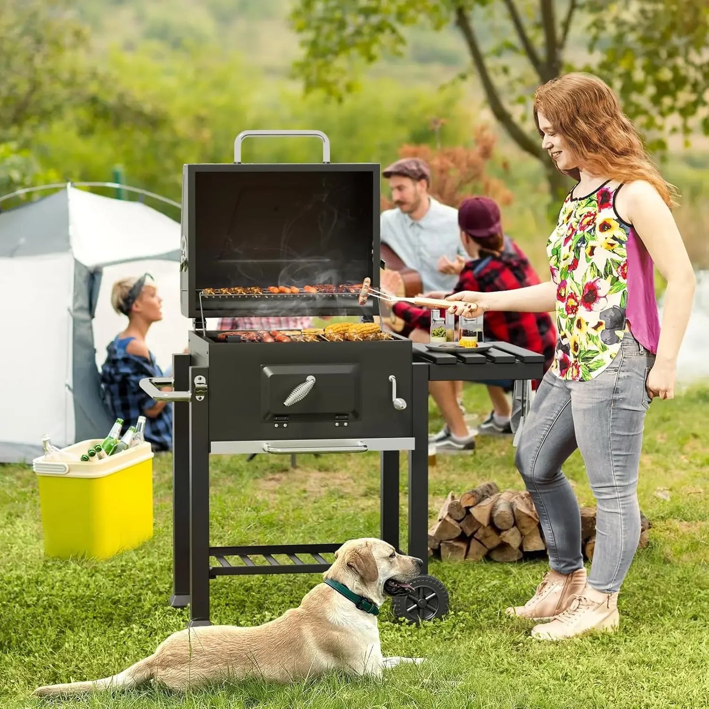 Portable Charcoal Grill with Wheels & Folding Table | Built-in Thermometer Adjustable Charcoal Tray BBQ Smoker