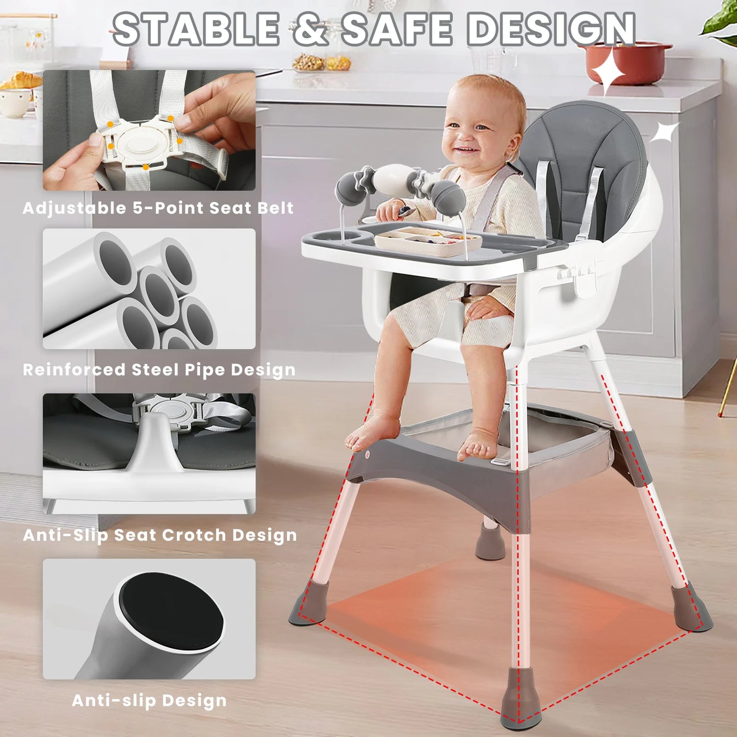 Baby High Chair Portable Baby Dining Chairs Eat & Play Convertible High Chair with Double-Layer Dinner Plate and Toy