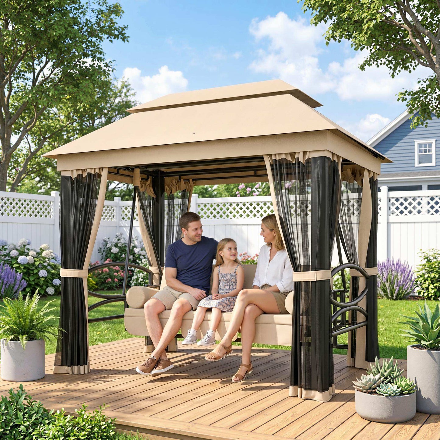 Outsunny 3-Seater Garden Swing Chair | Convertible Patio Bench Bed with Canopy