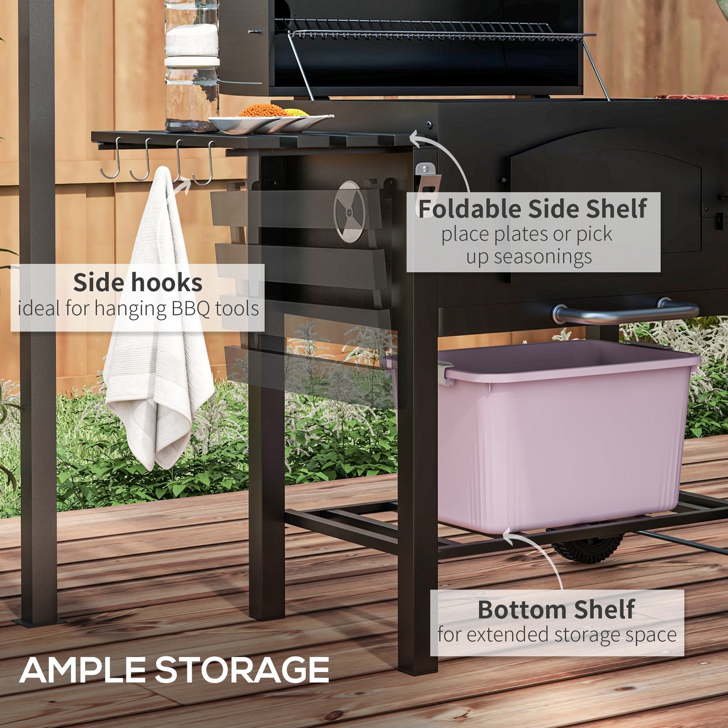 Outsunny Charcoal Grill BBQ Trolley with Adjustable Charcoal Tray Thermometer & Folding Shelves | Smoker & Outdoor