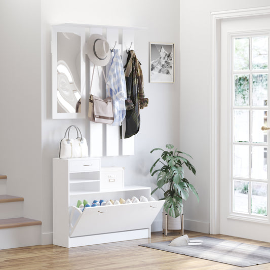 HOMCOM 2-Piece Hallway Storage Set with Mirror & 6 Hooks – White
