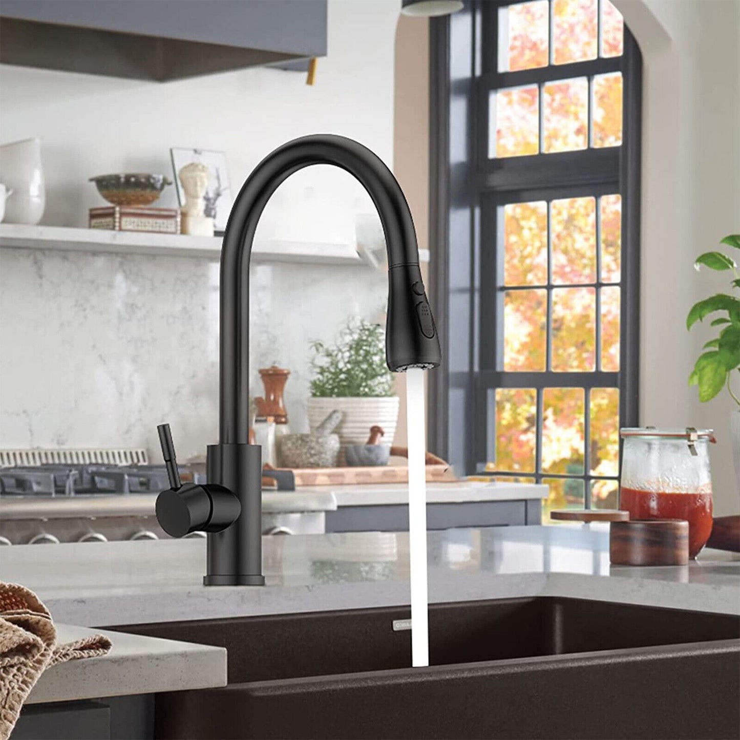 360° Kitchen Sink Mixer Tap – Pull-Out Spout Spray – Single Lever Modern Mono Mixer - Black