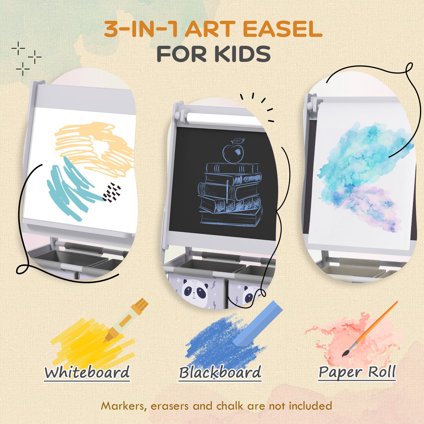 3‑in‑1 Kids Art Easel with Paper Roll – Drawing Board with Storage (Grey)