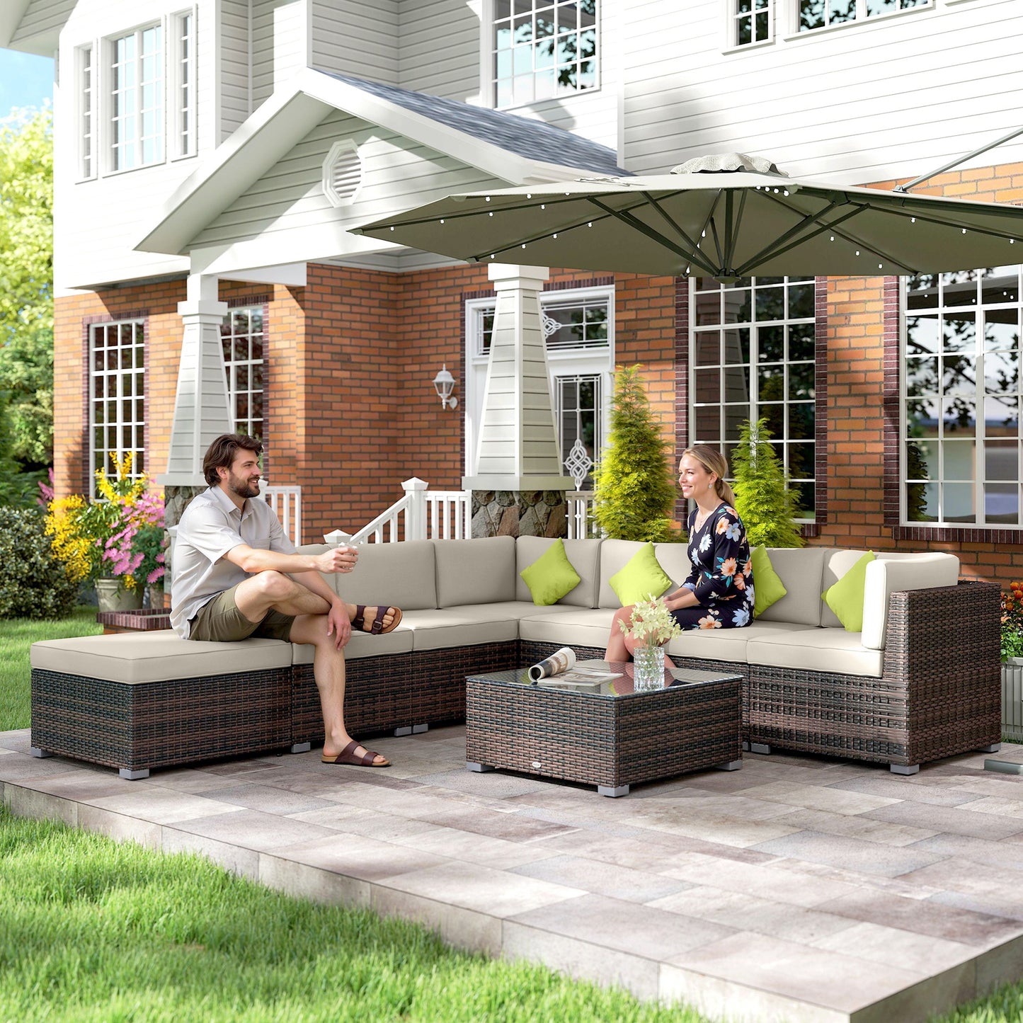 Outsunny 8-Piece Rattan Corner Sofa Set | Garden Furniture with Cushions & Glass Table