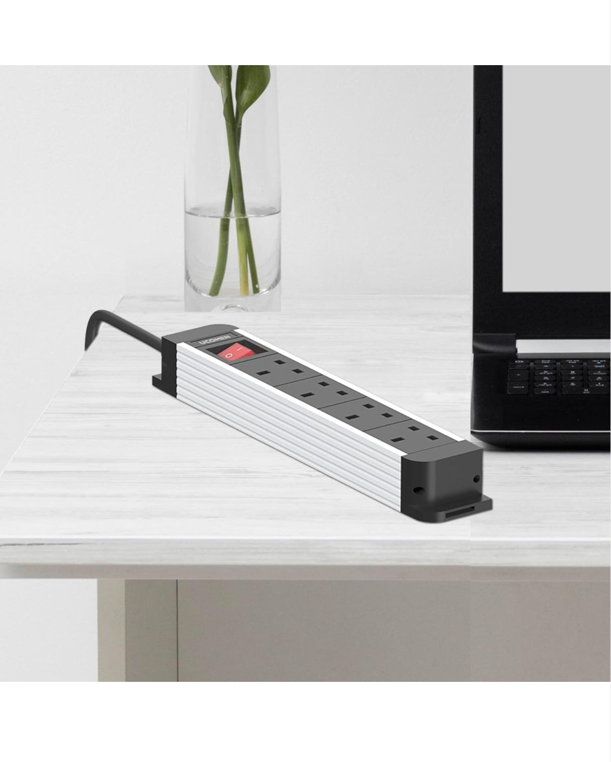 Ucomen 4-Way Extension Lead with Power Switch – 1.5m Cable Child-Proof Sockets Desktop Power Strip – 2 Pack White &