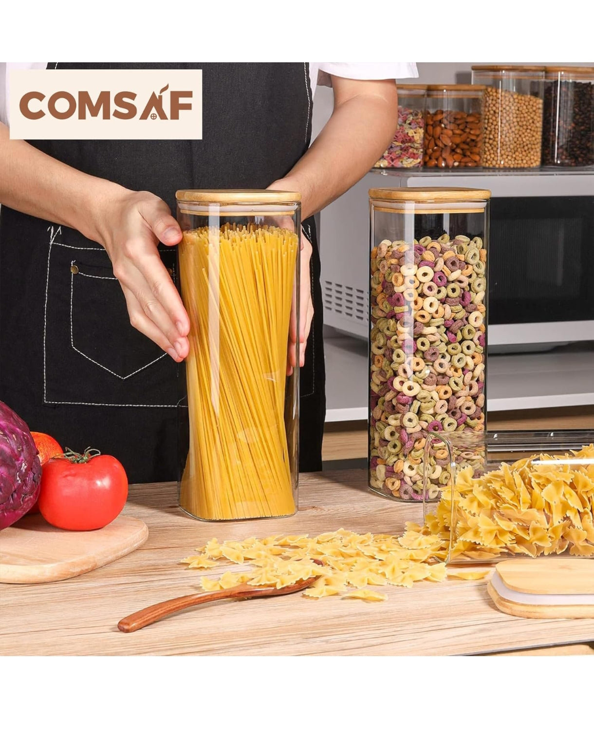 ComSaf 2100ml Glass Spaghetti Storage Jar – Set of 3 Clear Food Storage Containers with Bamboo Lids for Pasta Noodles