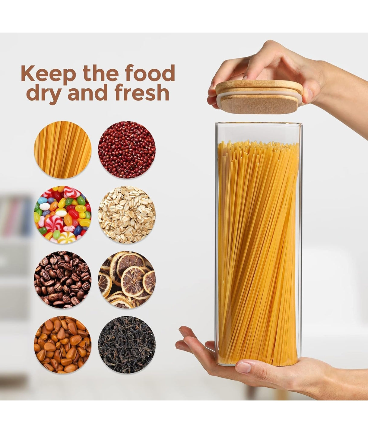 ComSaf 2100ml Glass Spaghetti Storage Jar – Set of 3 Clear Food Storage Containers with Bamboo Lids for Pasta Noodles