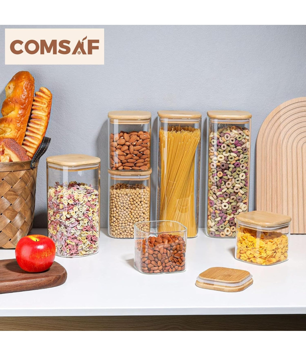 ComSaf 2100ml Glass Spaghetti Storage Jar – Set of 3 Clear Food Storage Containers with Bamboo Lids for Pasta Noodles