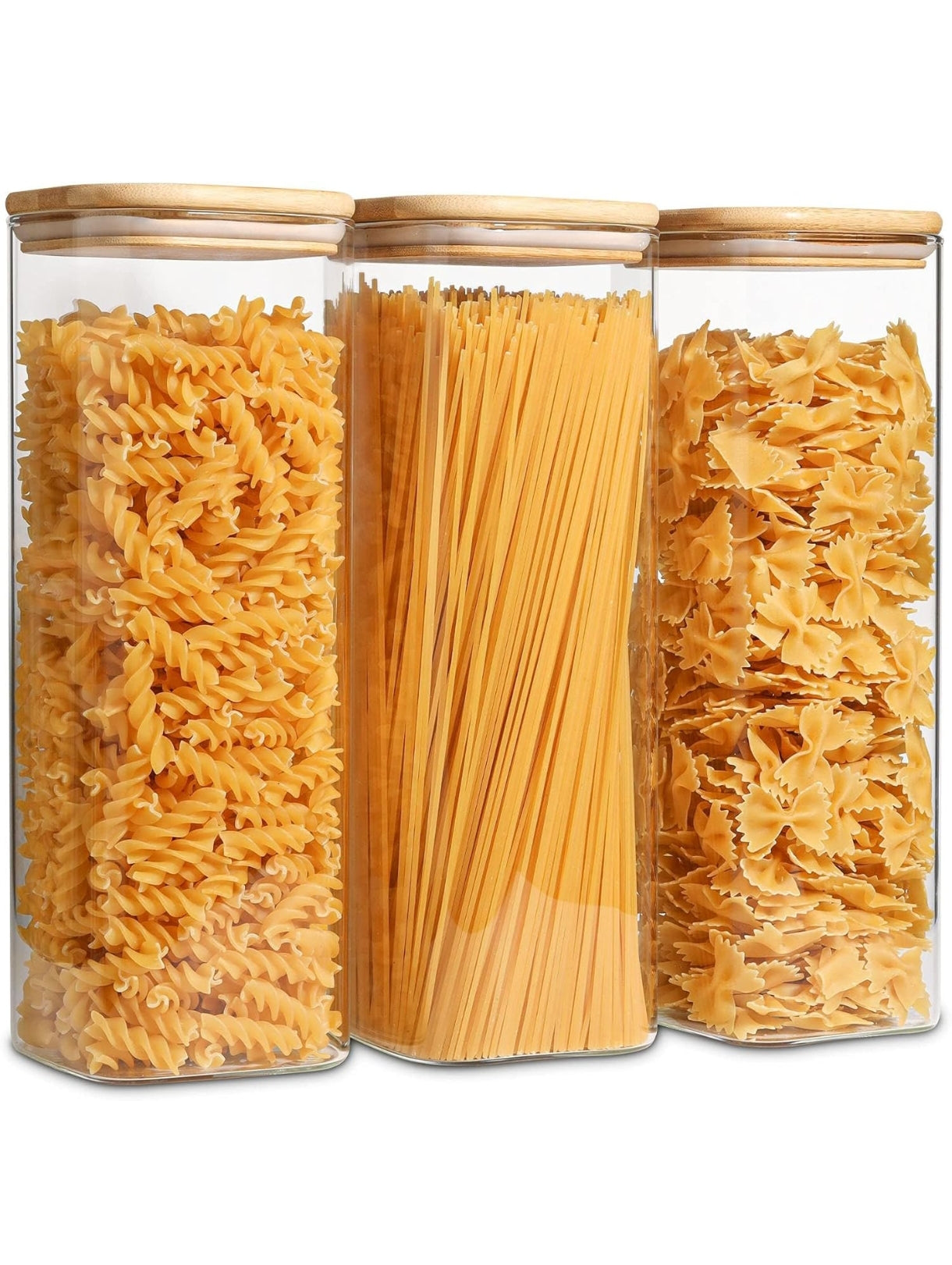 ComSaf 2100ml Glass Spaghetti Storage Jar – Set of 3 Clear Food Storage Containers with Bamboo Lids for Pasta Noodles