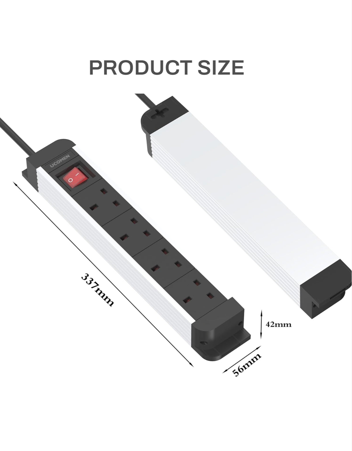 Ucomen 4-Way Extension Lead with Power Switch – 1.5m Cable Child-Proof Sockets Desktop Power Strip – 2 Pack White &