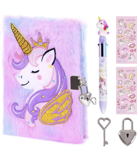 ENYILEE Unicorn Diary with Lock for Girls – Plush Journal Notebook Set