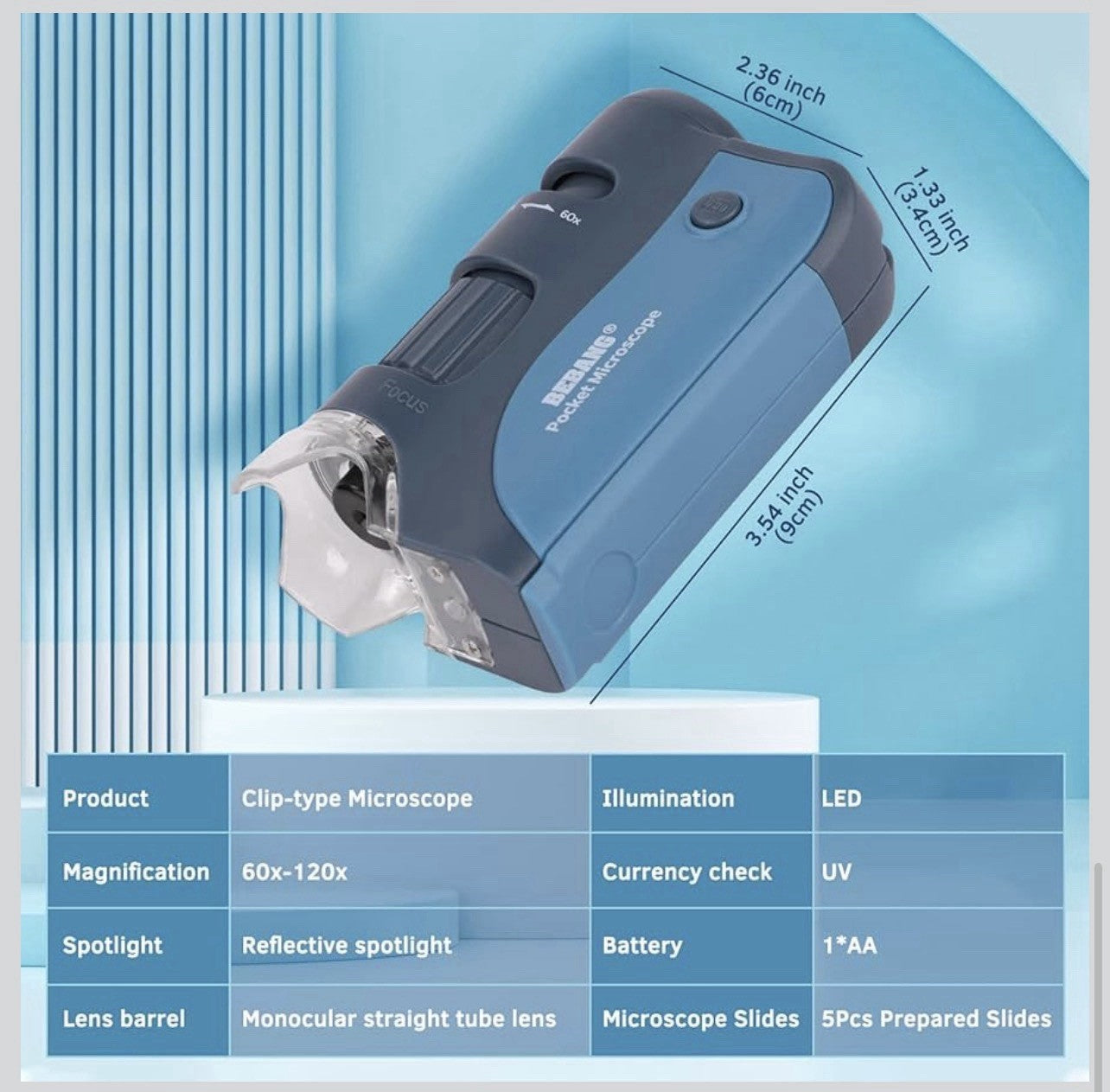 BEBANG Pocket Microscope 60x–120x – Handheld Mini Microscope for Kids (Blue)